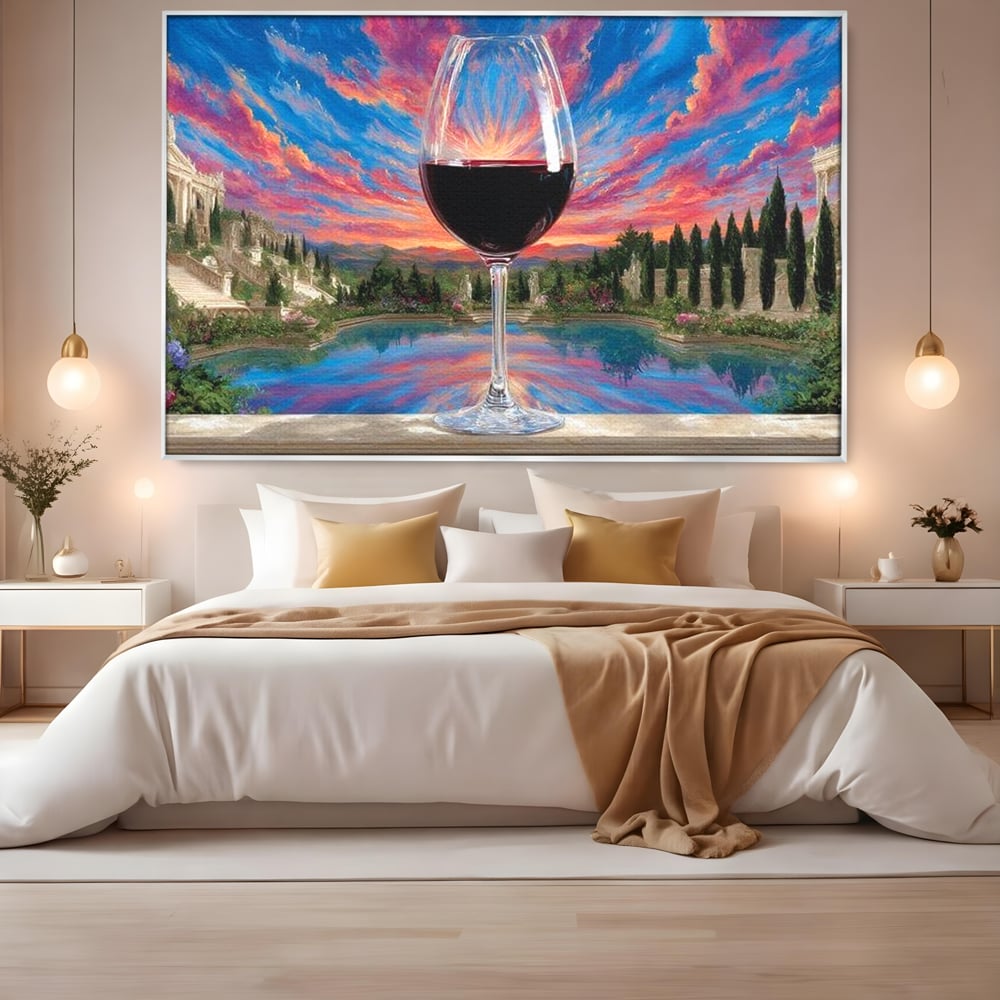Tablou canvas cu tablou canvas cu pahar de vin si apus, in rama de aluminiu argintiu, pe perete intr-un dormitor